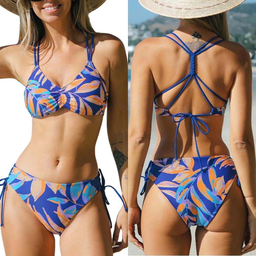 NWT Women's 2 Piece Bikini Set Back Braided Straps with Reversible Bottom SIZE S